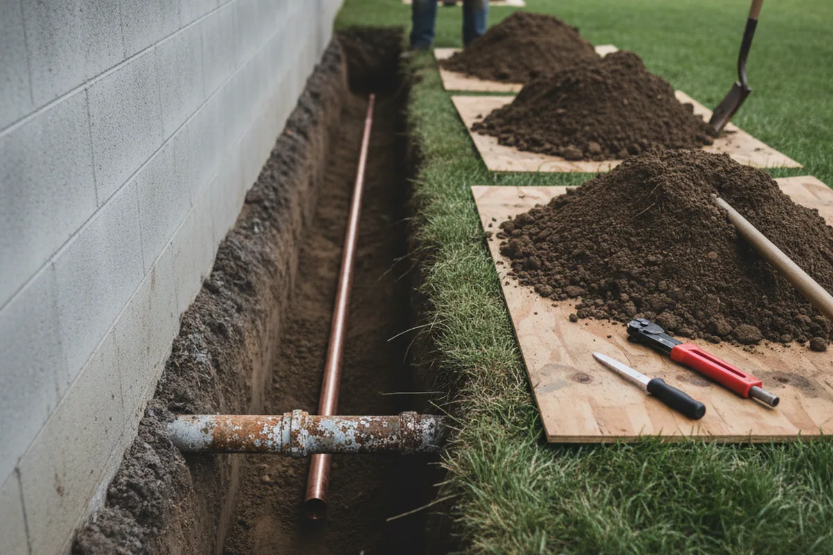 Excavated water line trench during Sewer Line Repair in Mayfield